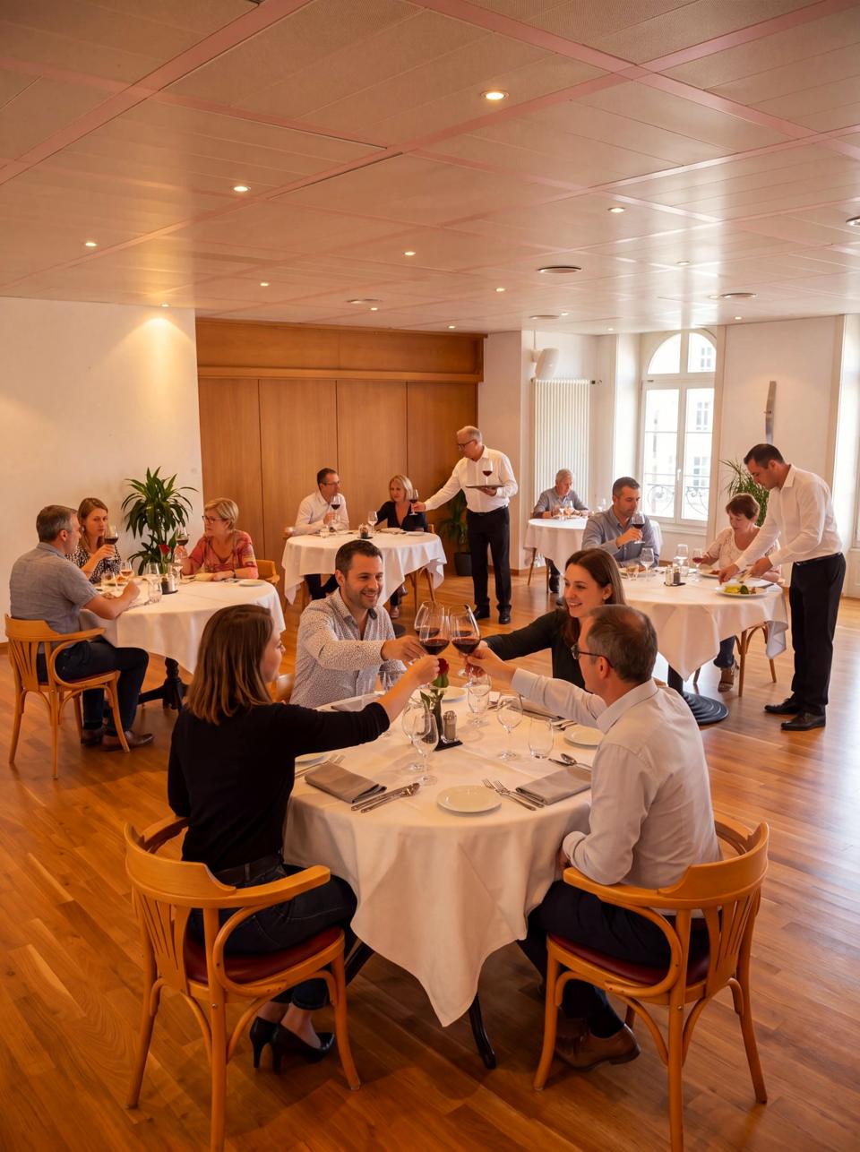Gäste an einem runden Tisch im grossen Saal