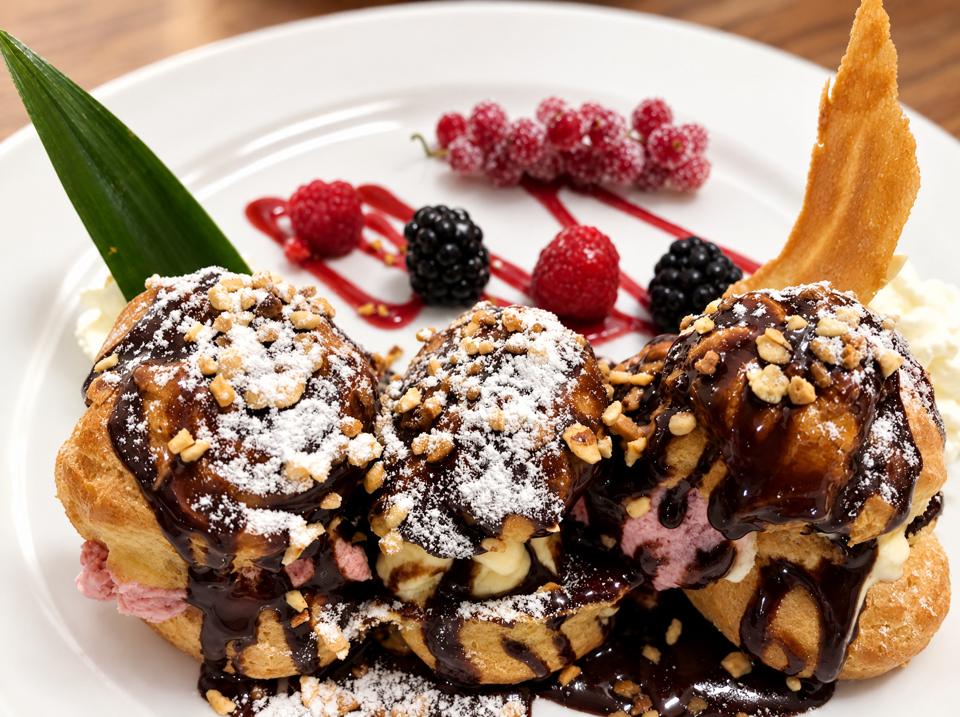 Profiteroles mit Schokolade und roten Beeren