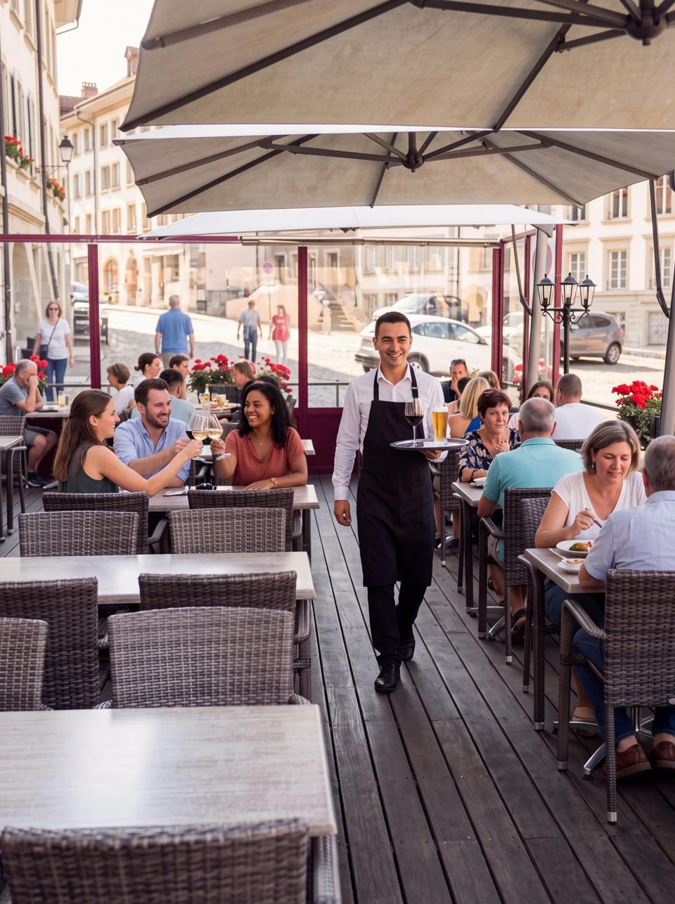 Service en terrasse sous les parasols
